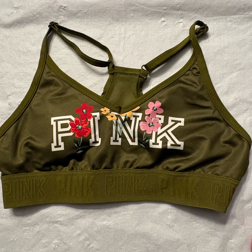 Victoria's Secret PINK Ultimate Lightly Lined Sports Bra in an olive green